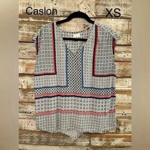 Caslon Blouse Womens XS White Blue Red Excellent Geometric Modal Cap Sleeve Top